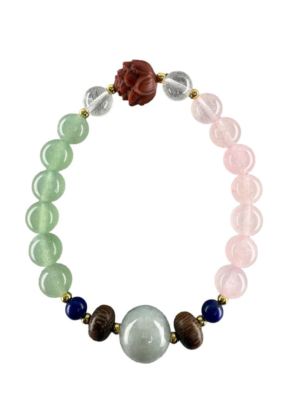 Natural Jadeite Hand-Carved Red Agate Rose Quartz Aventurine Bracelet 21.5g
